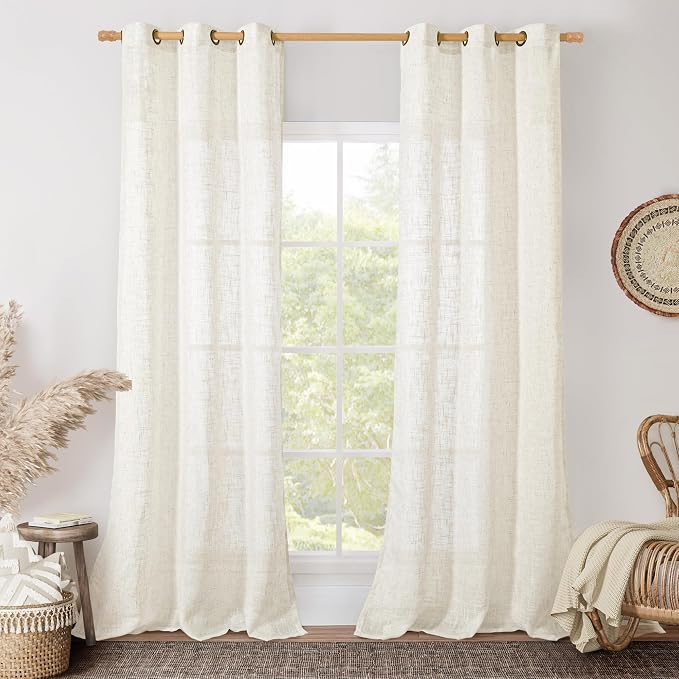 Cream Sheer Linen Curtains 84 inch Long, Bronze Grommet Soft Linen Textured by LAMIT