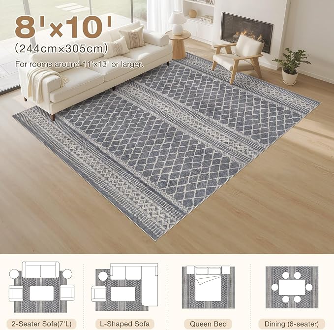 cotiled Boho 8x10 Area Rugs for Living Room: Large Moroccan Washable Rug | - Image 9