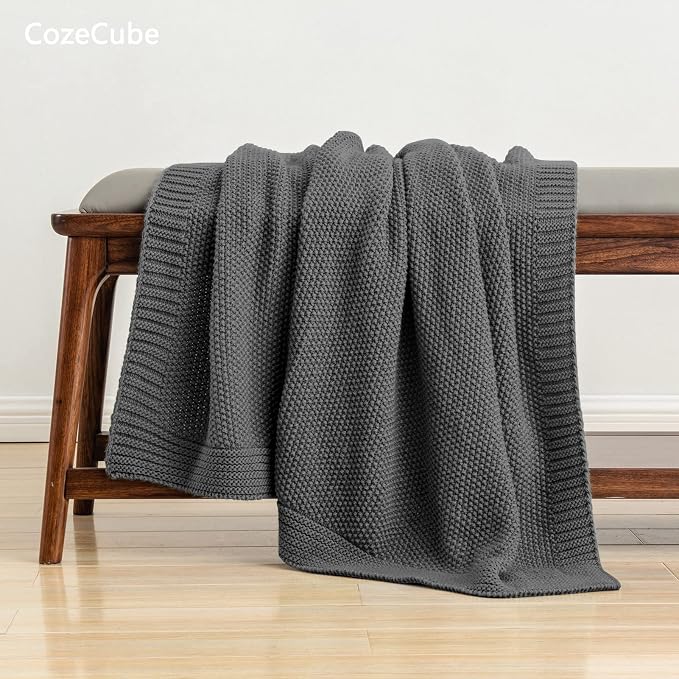 CozeCube Charcoal Grey Seed Stitch Throw Blanket 60"x80", Farmhouse Decor | - Image 3