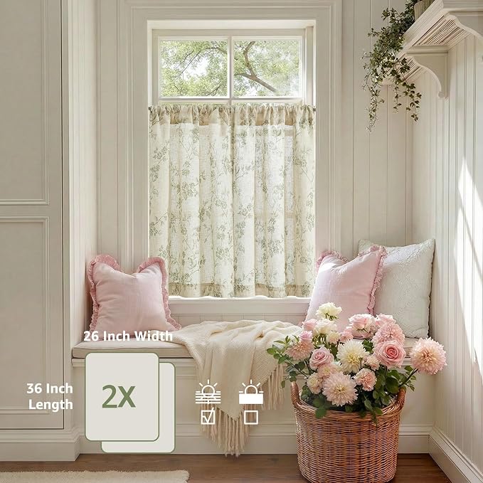 Green on Beige Linen Kitchen Curtains Rod Pocket 26W X 36L 2 Panels | Elisa - Image 4