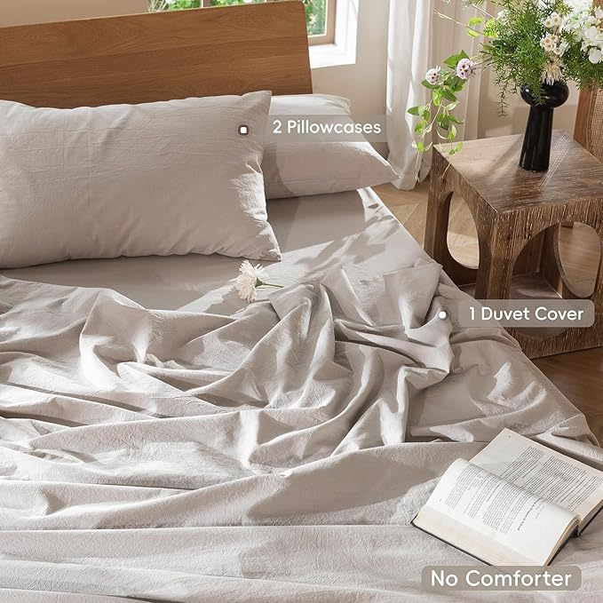 MooMee Bedding Duvet Cover Set 100% Washed Cotton Linen Like Textured Breathable Durable Soft Comfy (Solid Light Tan, King 104"x90")