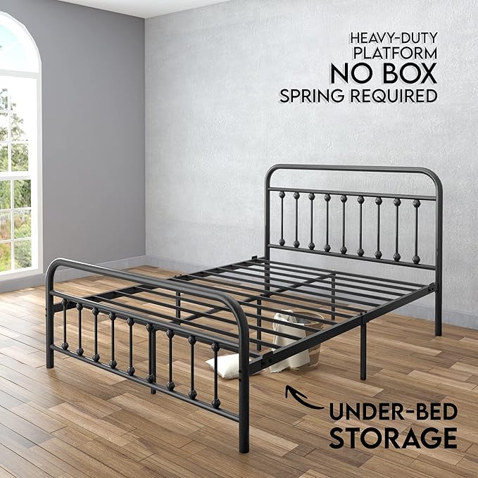 Golden Gate Beds Victorian Vintage Style King Size Metal Bed Frame with Wrought Iron Headboard and Footboard – Classic Platform Bed with 11" Storage Space, No Box Spring Required, Black Finish