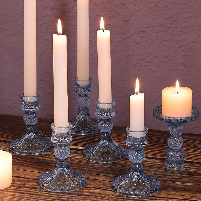 DARJEN 12Pcs 4" H Aqua Blue Candlestick Holders Set- Taper Candle Holders Bulk, Glass Candle Holders for Wedding, Party, Romantic Dinner Table Centerpieces, Festival Gifts & Windowsill Decor