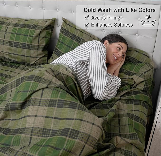 RUVANTI Flannel Sheets Full Size - 100% Cotton Double Brushed Bed Sheets Set, Deep Pockets 16 Inches, All Seasons Breathable & Extra Soft Full Sheets, Warm & Cozy, 4 Piece, DNA Plaid