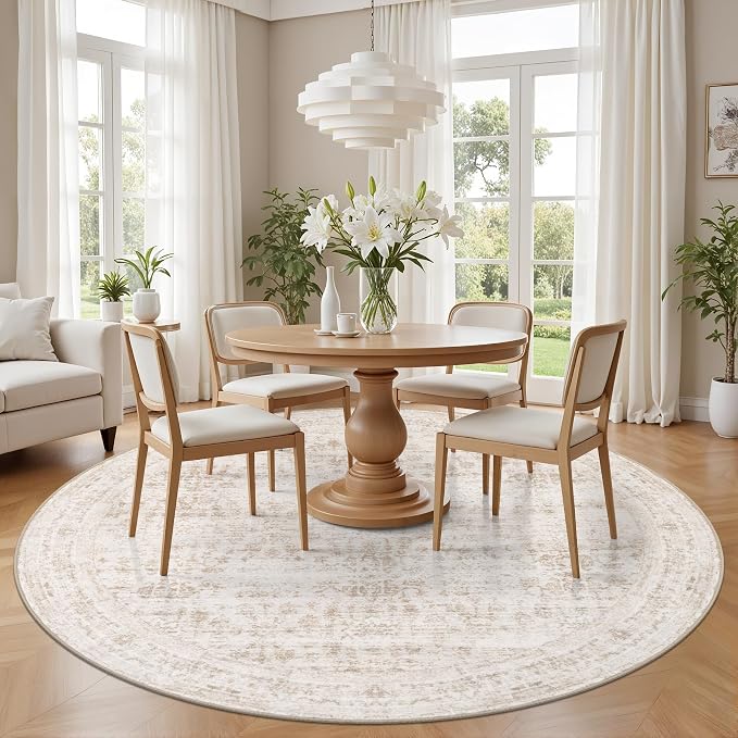 Round Area Rug for Living Room: 4ft Boho Washable Rug Beige Brown | Vintage - Image 3
