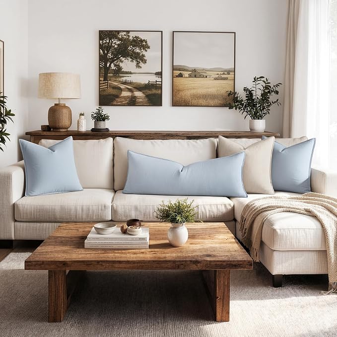 MIULEE Decorative Linen Lumbar Pillow Cover 14x36 Inch Light Blue | Boho - Image 4