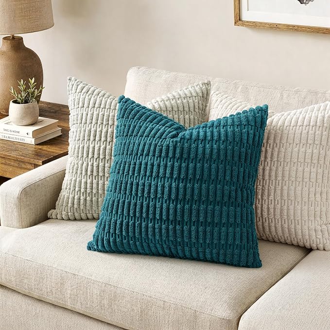 MIULEE Corduroy Decorative Throw Pillow Covers 20x20 Teal Pack of 2 | Soft Boho - Image 2
