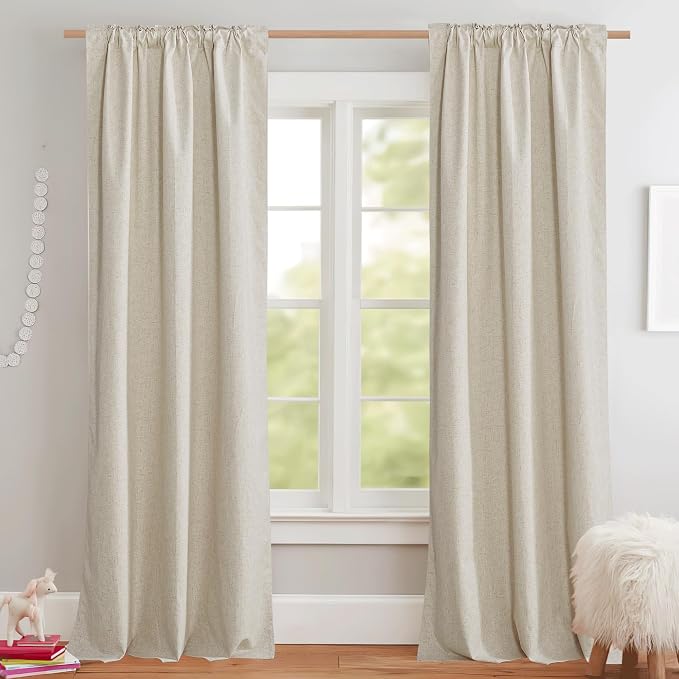 NICETOWN Natural Full Blackout Back Tab Linen Curtains 84" Long 2 Panels - Image 2
