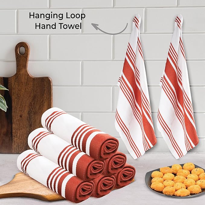 Urban Villa Kitchen Towels 100% Cotton Pack of 6 Highly Absorbent Quick Drying Soft Premium Dish Towels for Kitchen with Hanging Loop Thanksgiving Fall TeaTowels - 20x30 Inch (Rust & White Striped)