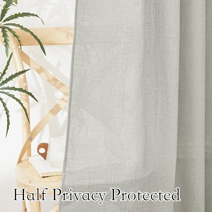 RYB HOME Linen Curtains 108 inches Long, Breathable Vintage Flax Linen Fabric Light Filtering Half Privacy Protected for Sliding Door Living Room Farmhouse, W 52 x L 108 inch, 2 Panels, Grey