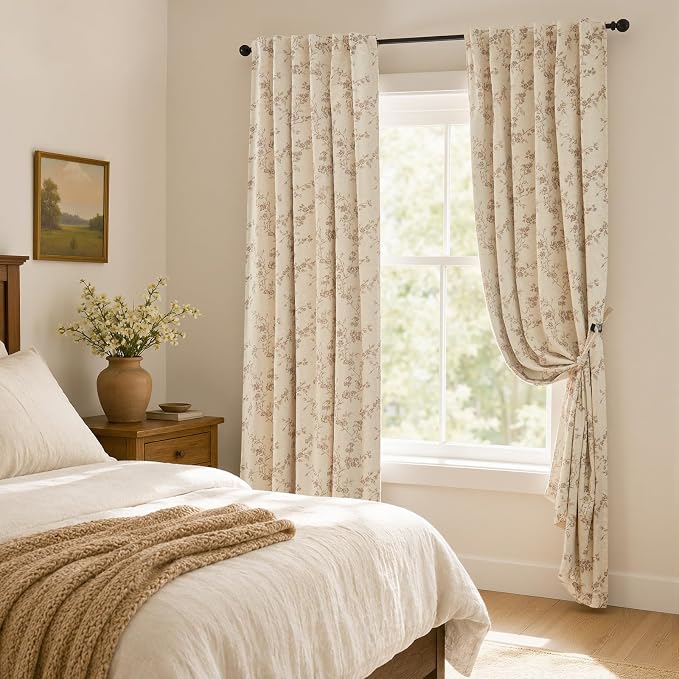 Blackout Vintage Floral Linen Curtains Taupe on Beige 50×90 2 Panels | Elisa - Image 6