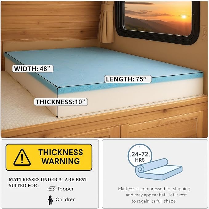 Foamma 10” x 48” x 75” Truck, Camper, RV Travel Visco Gel Memory Foam Bunk Mattress Replacement, Made in USA, Comfortable, Travel Trailer, CertiPUR-US Certified, Cover Not Included