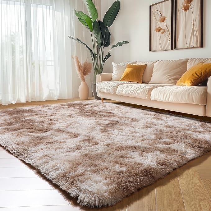 Amdrebio Beige Tan Furry Plush Area Rug 5x7 - Image 5