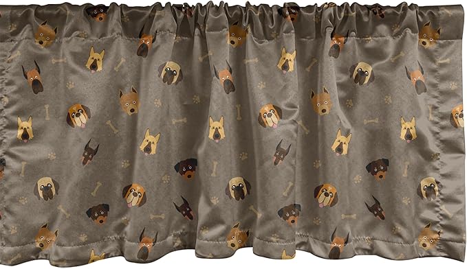 Ambesonne Dog Lover Window Valance Pack of 2, Repetitive Pattern of Pet Heads Paw Prints and Bones, Rod Pocket Curtain Valances for Kitchen Bedroom, 54" X 12", Taupe