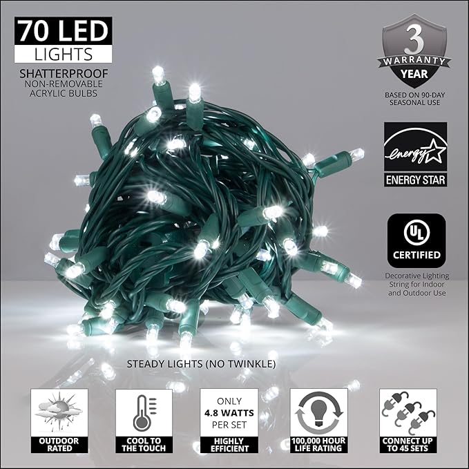 5mm LED Wide Angle Cool White Prelamped Light Set, Green Wire - 70 5mm Cool White LED Christmas Lights, 4" Spacing