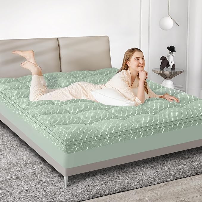 Dual Layer 3 Inch Memory Foam Mattress Topper King Size, 2 Inch Gel Memory Foam Plus 1 Inch Cooling Pillow Top Mattress Pad Cover, with 8-21 Inch Deep Pocket, Green