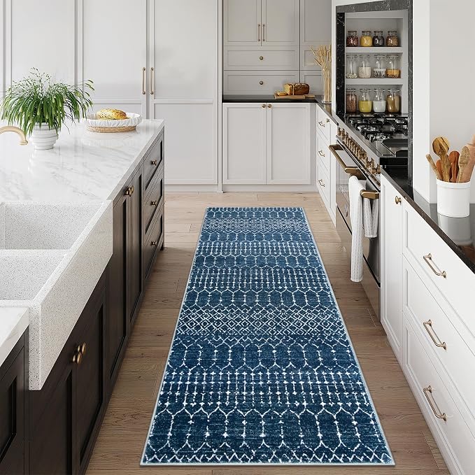 Lahome Moroccan 2x5 Washable Blue Runner Rug, Non-Slip Low-Pile Stain Resistant - Image 2