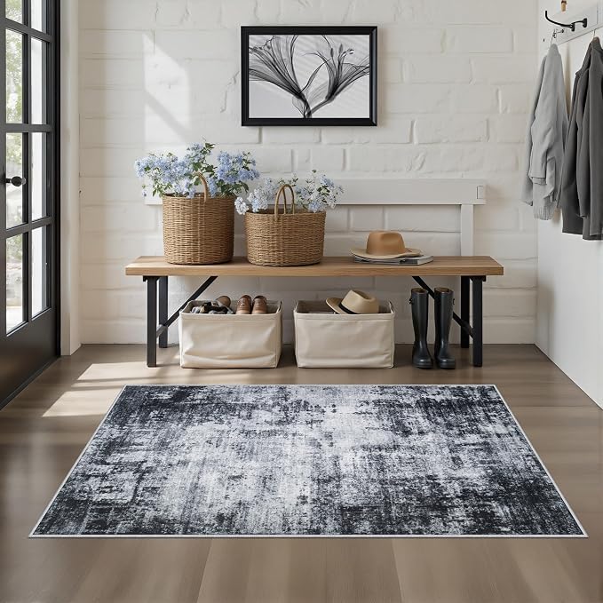 Area Rug Living Room: 3x5 Modern Washable Soft Carpet Dark Black | - Image 3