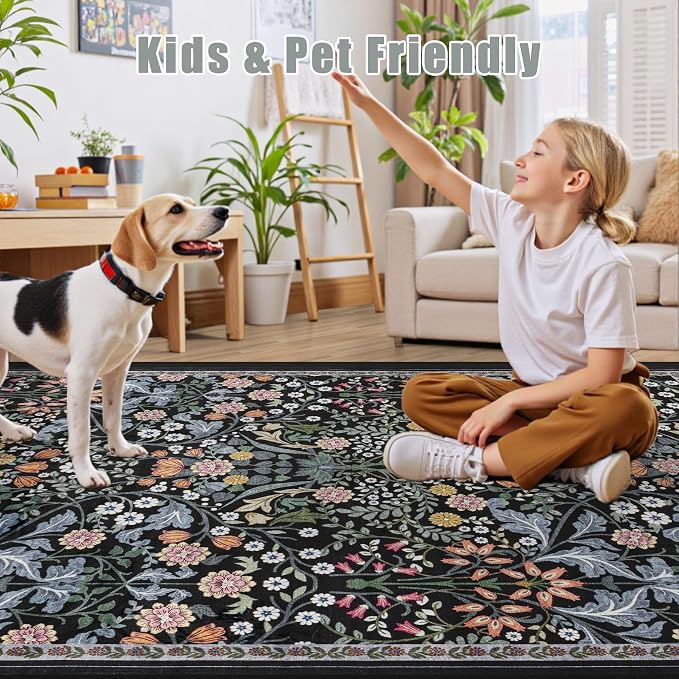 PLHXFR 2x5 Washable Runner Rug：Floral Indoor Kitchen Carpet Dark Black | - Image 7
