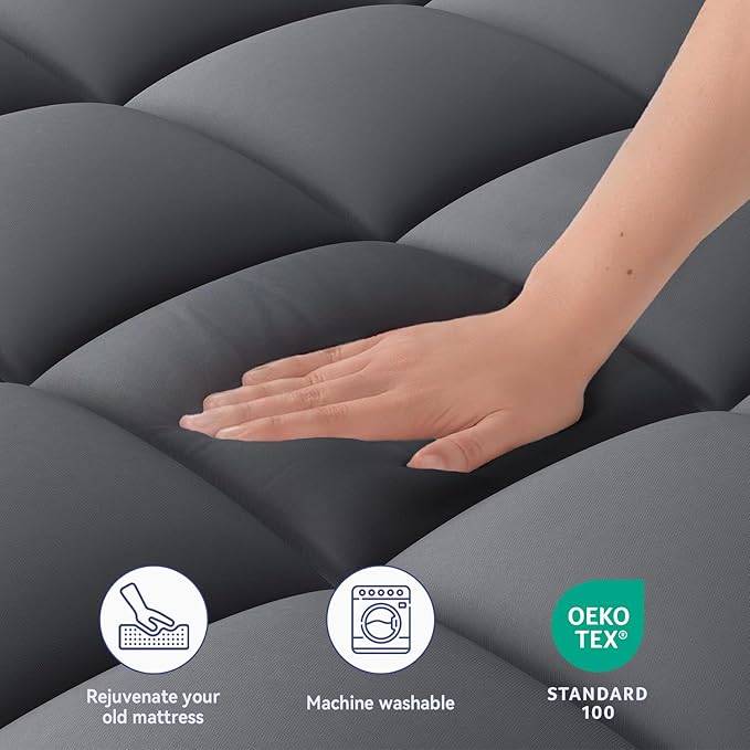ELEMUSE Twin XL Grey Mattress Topper for College Dorm, Extra Long Twin Mattress Pad Cover for Back Pain, Plush Soft Pillowtop with Elastic Deep Pocket, Overfilled Down Alternative Filling