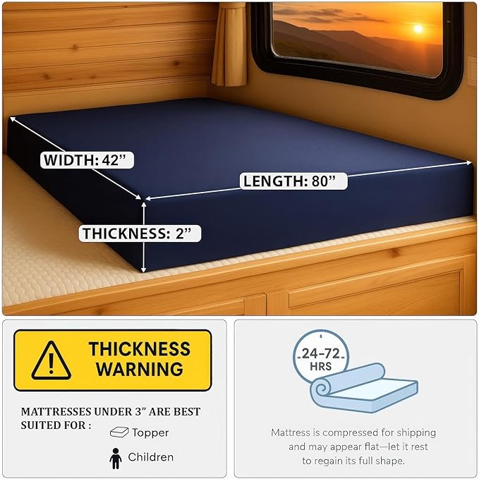 Foamma 2" x 42" x 80" Water Resistant Gel Memory Foam RV Bunk Mattress, Firm High Density Foam Base, Comfortable and Durable Polyester Cover, Truck, Camper, Travel Trailer, Made in USA!