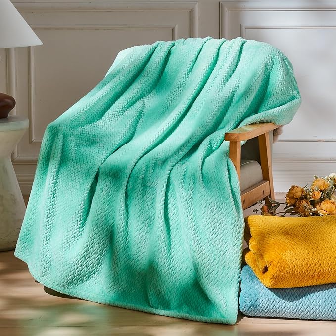 NEWCOSPLAY Super Soft Queen Blanket Aqua Premium Silky Flannel Fleece Leaves Pattern Lightweight Bed Blanket All Season Use (Aqua, Queen(90"x90"))