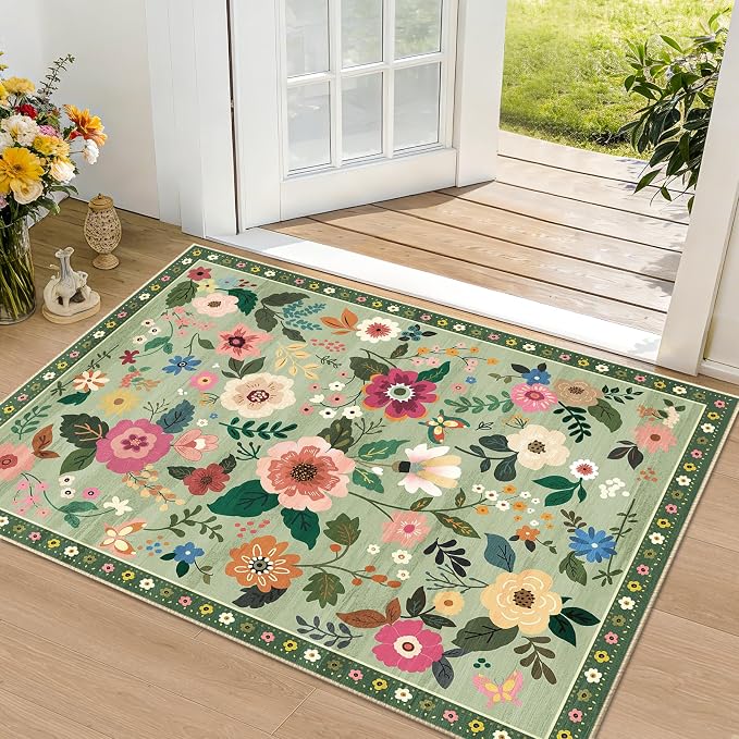 RELEANY Floral Washable 2x3 Area Rugs Doormat LightGreen | Flower Carpet Print - Image 9