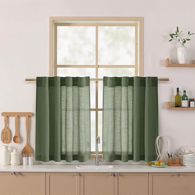 Olive Green Linen Curtains 30 Inch Length Short Kitchen, Semi Sheer Light by Nanspring