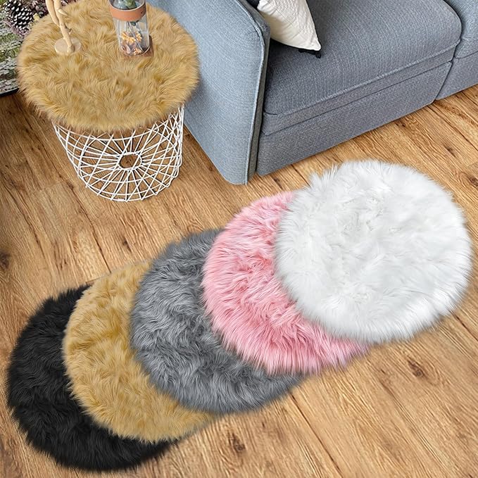 15.7 Inches Mini Khaki Round Faux Fur Sheepskin Area Rug, Fluffy Small Circle - Image 3