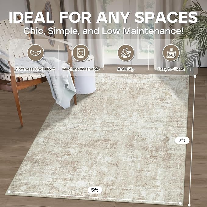 Aelenmu 5x7 Area Rugs for Living Room Bedroom Dining Room Washable Beige | Soft - Image 2