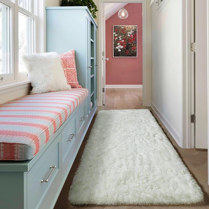Cream White Runner Rugs for Bedroom Living Room, Ivory Fluffy 2x6 Area Rug | - Image 5