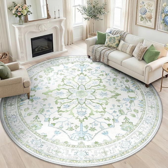 RELEANY Washable Area Rug, Round 8ft, Water Repellent, Pet Friendly, Vintage by RELEANY