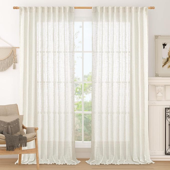 Extra Wide Linen Curtains for Bedroom Semi Sheer Panels 84 Inch | Cream by LAMIT