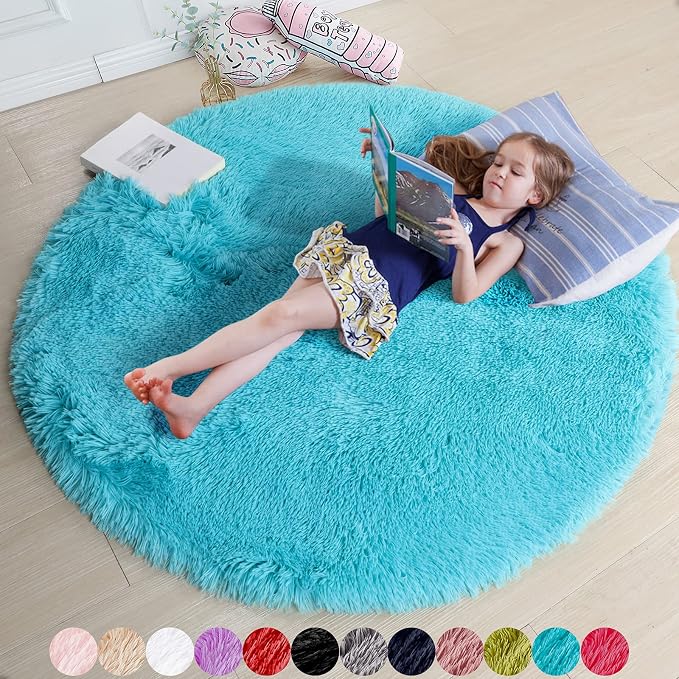 Amdrebio Blue Round Shaggy Rug 4Ft by Amdrebio
