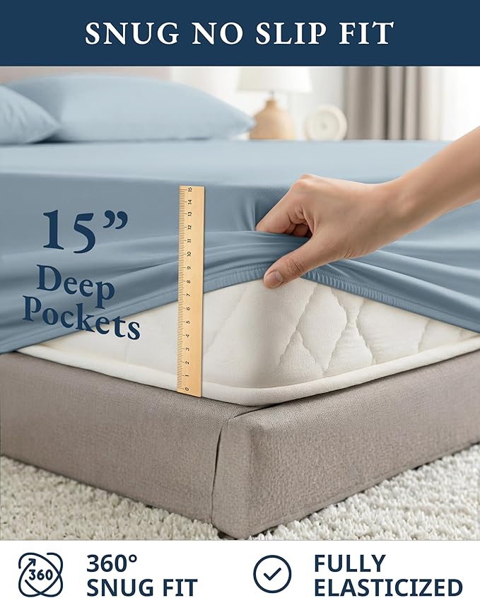 LANE LINEN 100% Organic Cotton Bed Sheets King Size, Soft & Comfy Fully Elasticized Percale Bedding Sheets & Pillowcase Set, Low Pilling Machine Washable All Season King Sheet- French Blue