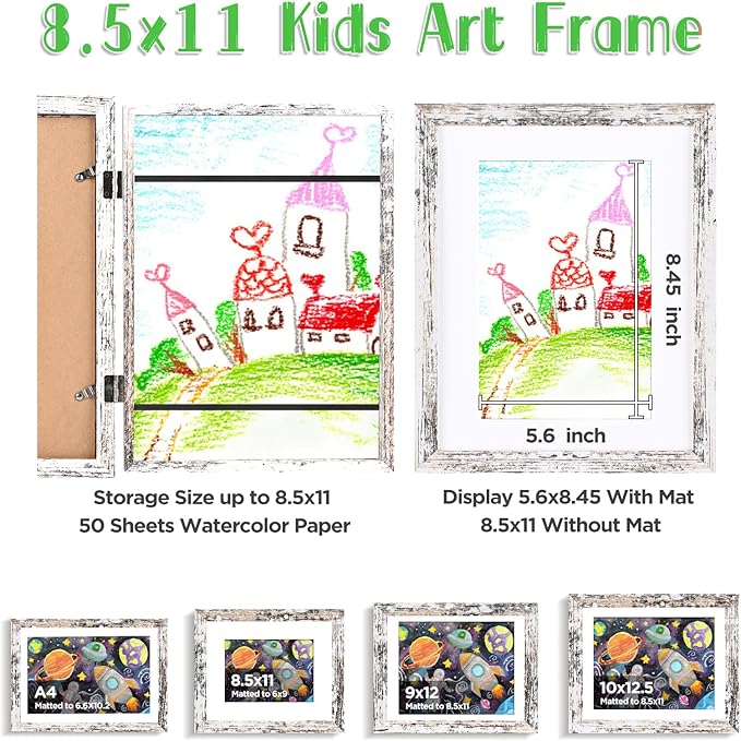 KINLINK 8.5x11 Kids Art Frames Set of 2, Solid Wood Kids Artwork Frames Changeable with Acrylic Front Opening Holds 150 Pictures, Art Frame for Kids Artwork with Mat or without Mat, Rustic White