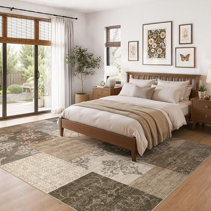 UERMEI 8x10 Area Rug for Living Room, Washable Brown Modern Geometric Patchwork - Image 2