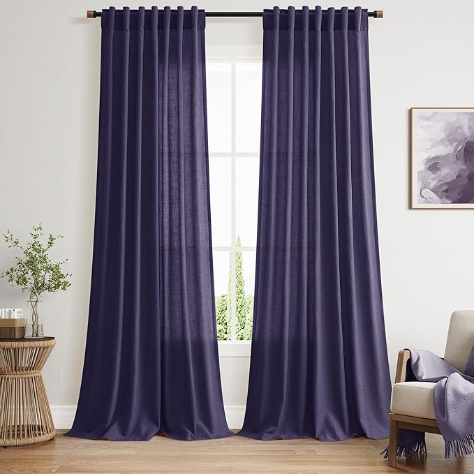 Purple Linen Blend Light Filtering Back Tab Curtains 96 Inches Long, Semi Sheer by Nanspring