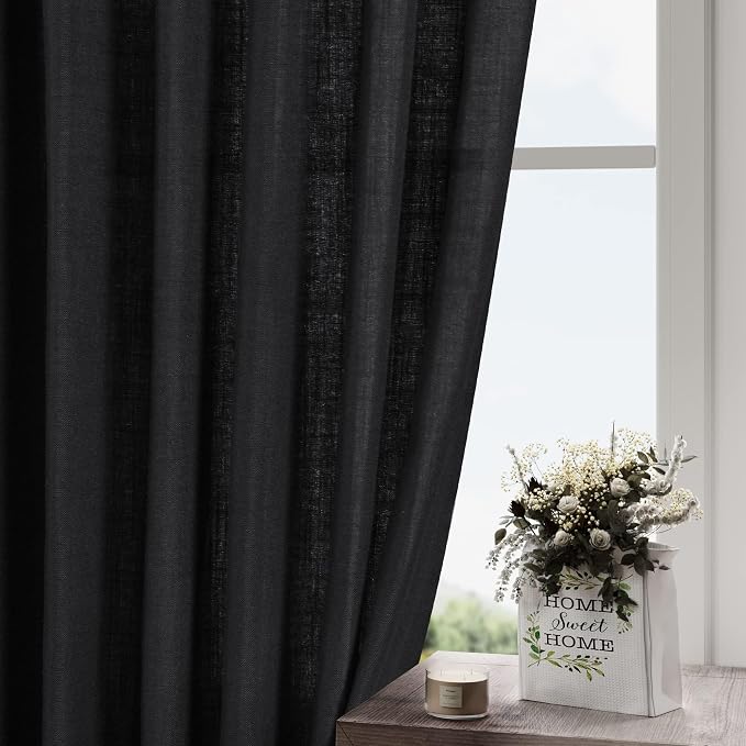 Black Curtains 95 Inches Long 2 Panel Set Back Tab Sheer Black Linen Curtain - Image 8