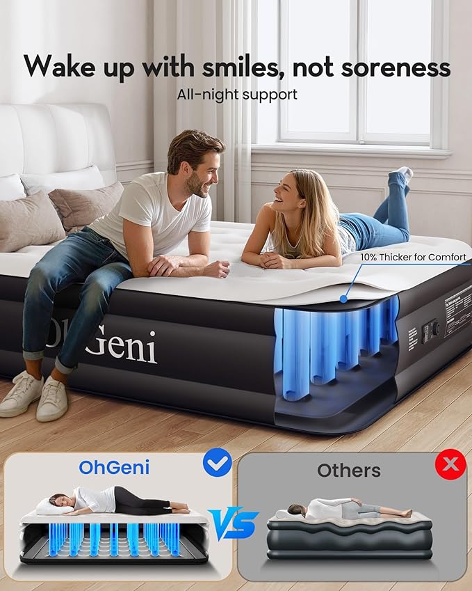 OhGeni Queen Air Mattress with Built in Pump, Inflatable Mattress Blow Up Bed 18 Raised Comfort,Upgraded Surface Portable Mattress, Air Bed for Camping, Home and Guest, Colchone Inflable, 650 lbs Max