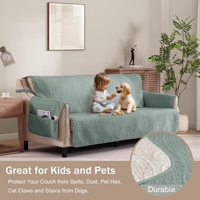 Sage Blue Quilted Sofa Cover, Anti-Slip Medallion Designed Couch Covers - Image 8