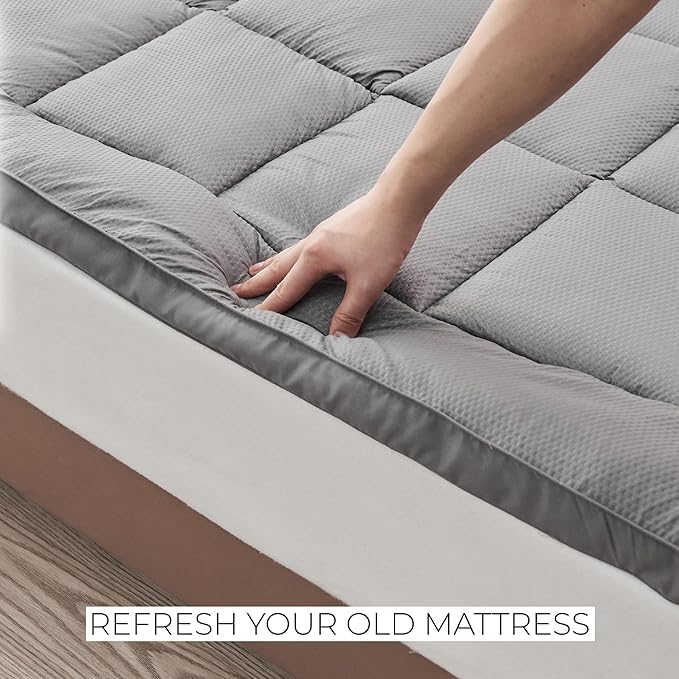 Great Bay Home Full Mattress Topper. Thick, Elastic Corner Mattress Protector and Cover. Ultra-Soft Pillowtop Mattress Pad. Fits Mattresses Up to 18" (Full, Light Grey)