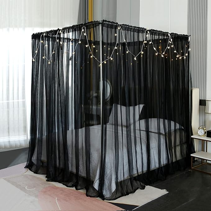 Akiky Canopy for Girls Room Black Bed Curtains Elegant Sheer Curtain for Twin Full Queen King Size Bed Drapes,8 Panels Canopies with Light,Room Décor(Twin,Black)