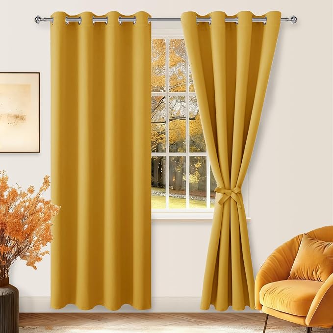 Blackout Curtains for Bedroom, 52 x 84 Inch Mustard Yellow 2 Panels | Thermal - Image 8