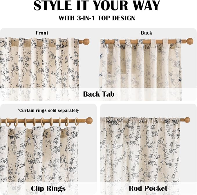 Extra Long Black Vintage Floral Linen Curtains Farmhouse 2 Panels | Elisa Series - Image 4