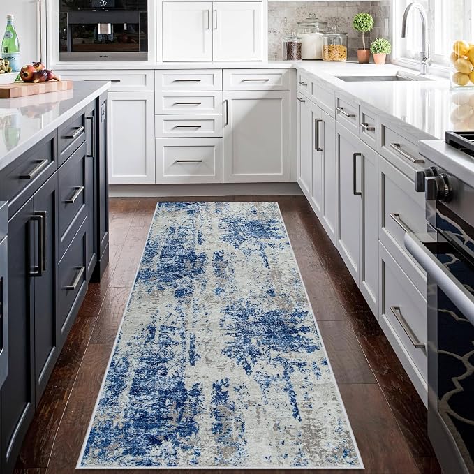 Runner Rugs for Hallways Kitchen 2.6x8 Non Slip Washable Blue Grey White | - Image 3