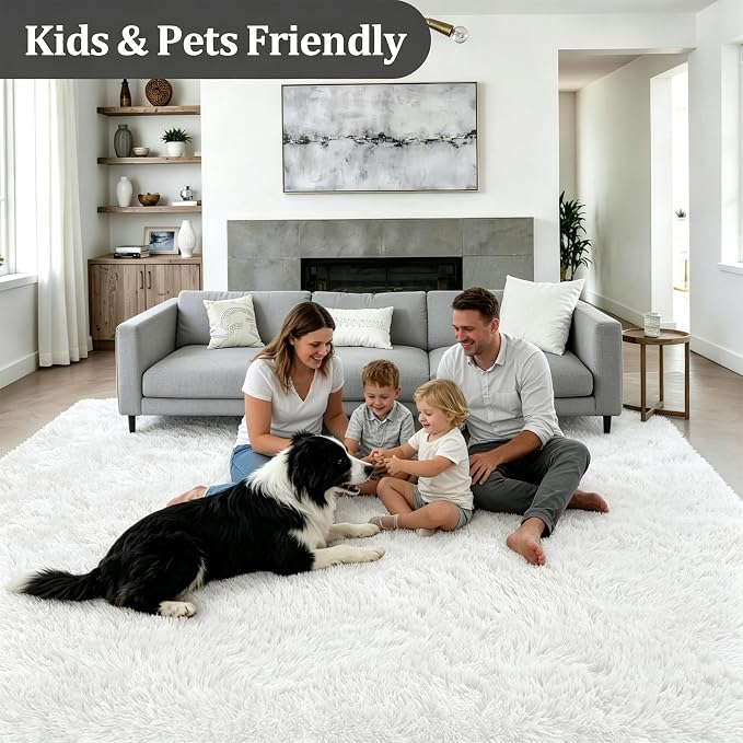 Area Rug Living Room Bedroom: 4x6 Fluffy Plush Shag Carpet Ivory | - Image 4