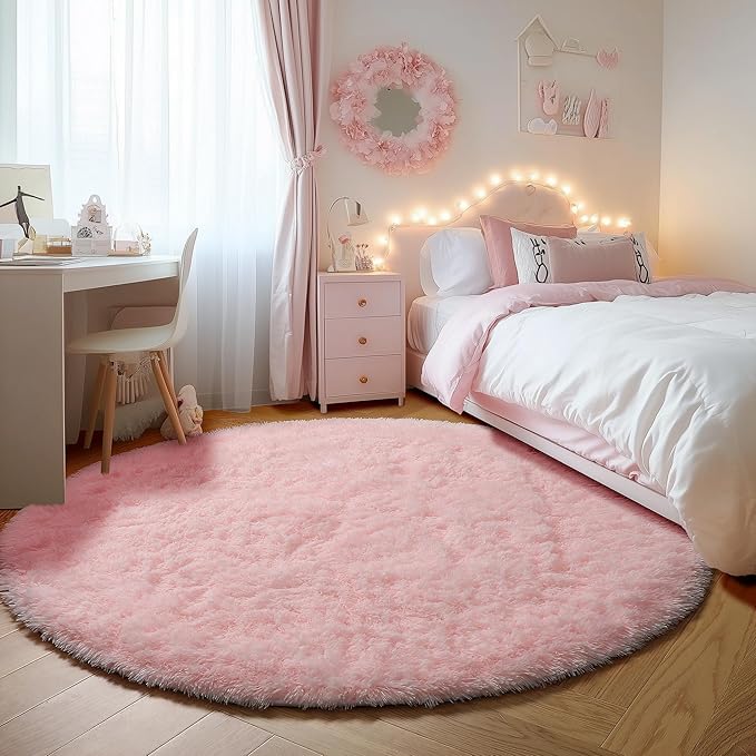 Light Pink Fluffy Round Rug 4ft - Image 7