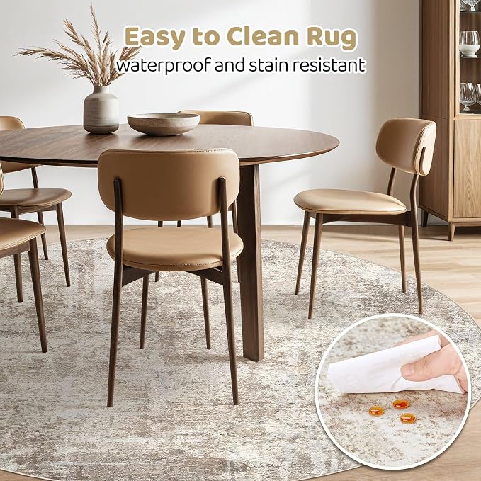 LOONGRUG Round Rug 7x7 Washable Large Neutral Modern Area Rugs Brown Beige | - Image 4