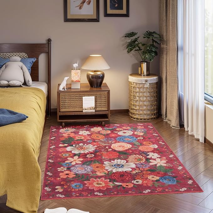 Red Garden Floral Area Rug 4x6 for Bedroom Dining Room | Boho Style; Low Pile; - Image 6